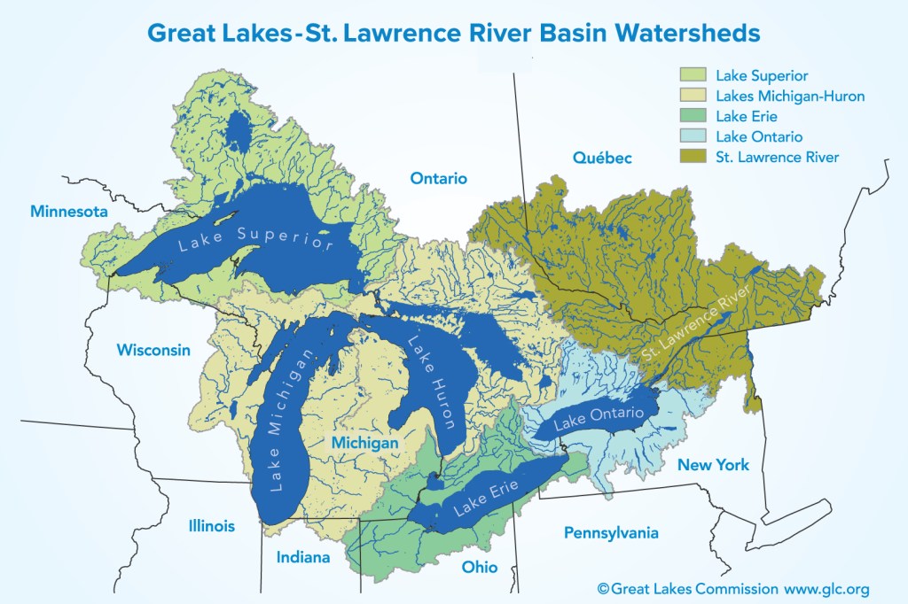 Map of the Great Lakes-St. Lawrence River Basin Watersheds, including surrounding land in Canada and the United States.